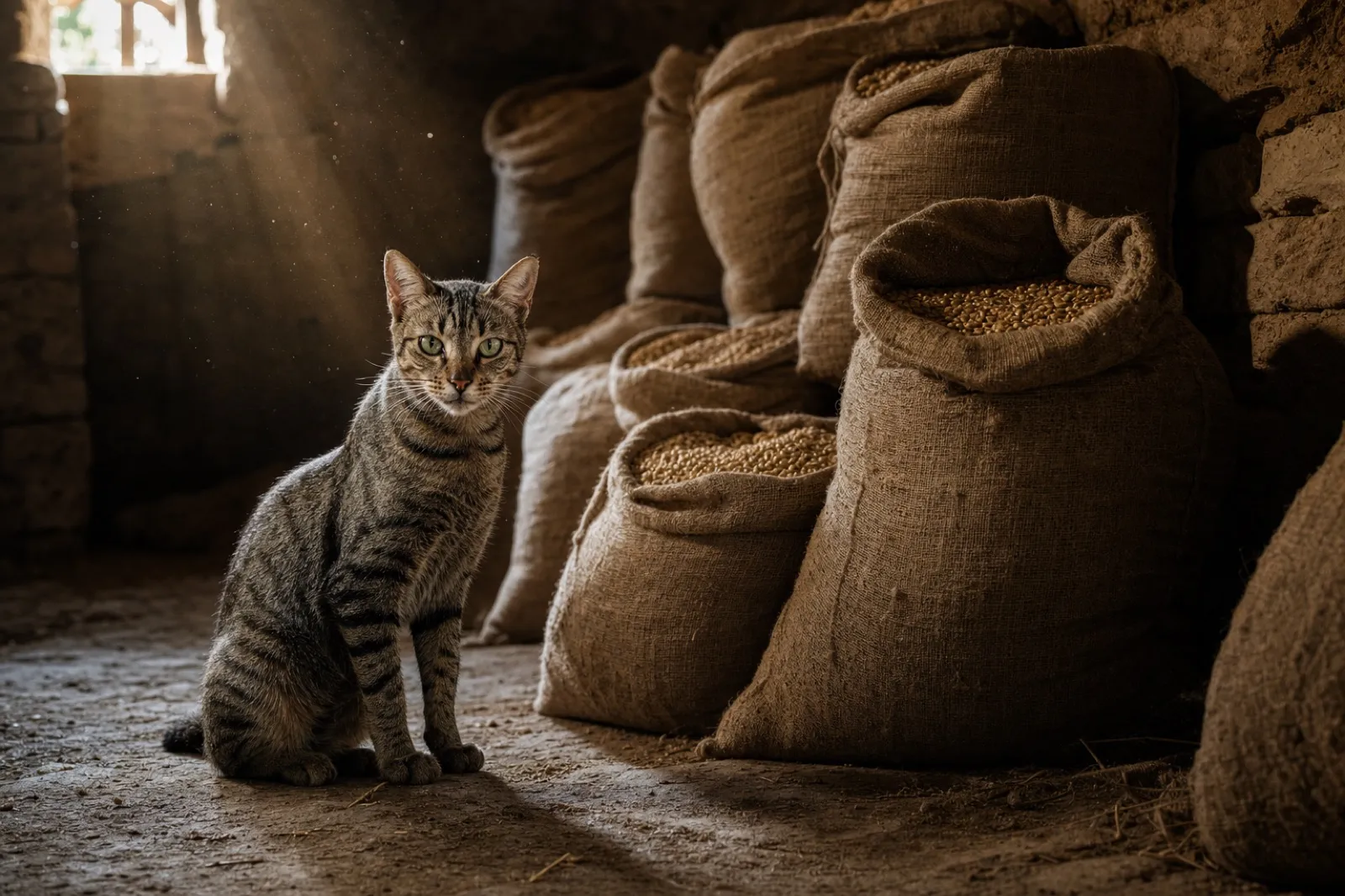 古い穀物倉庫の麻袋のそばに座る、用心深い猫