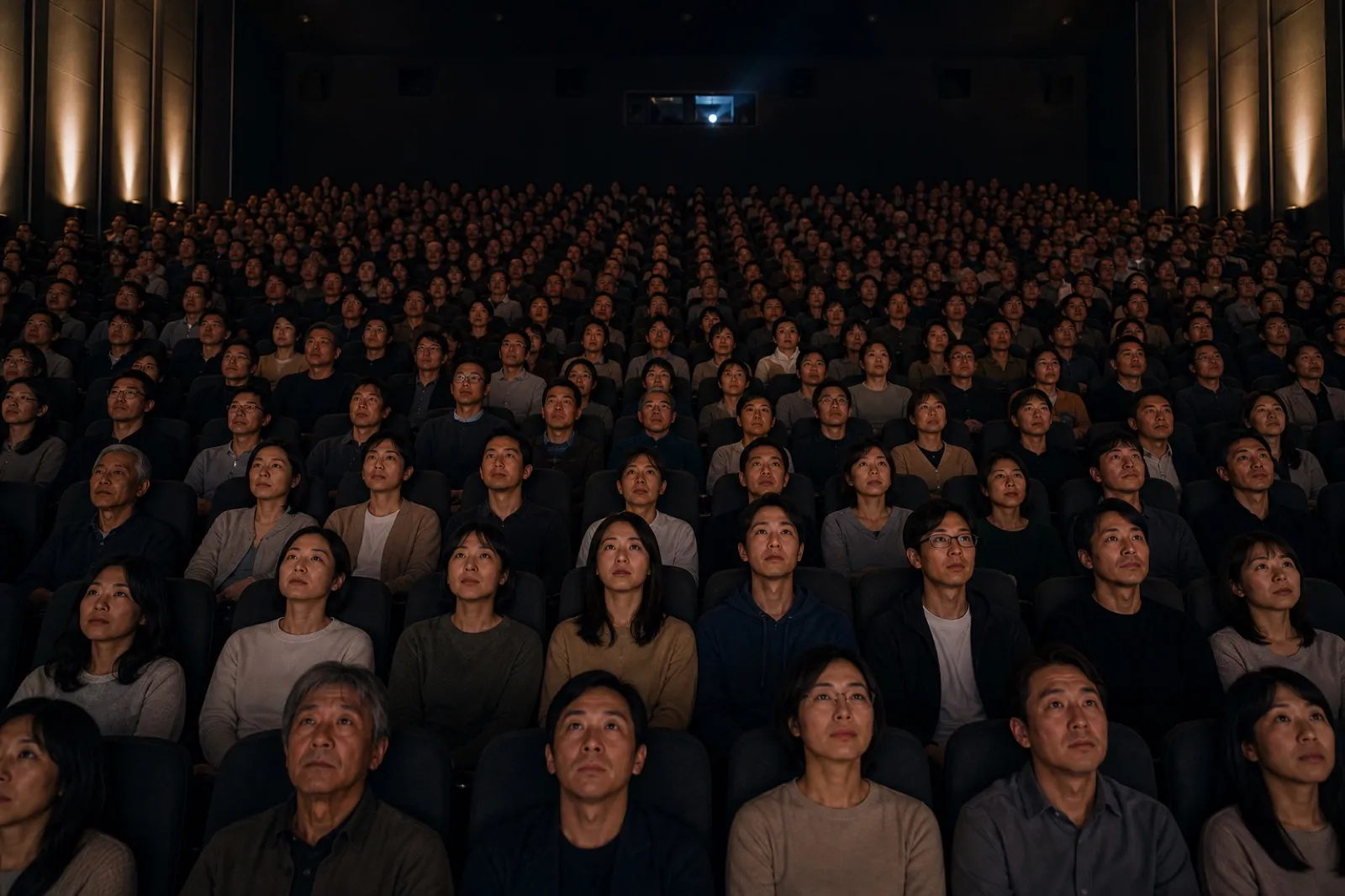 暗い映画館でスクリーンを見つめる大勢の観客
