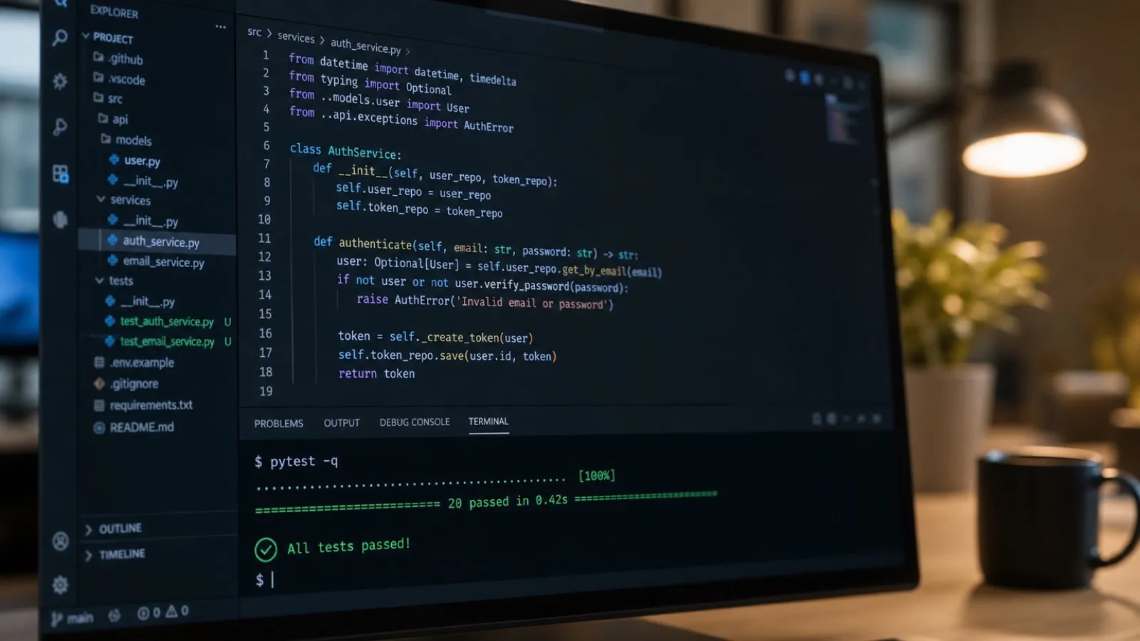テストが緑色で成功したことを示す、コードエディタとターミナルの画面
