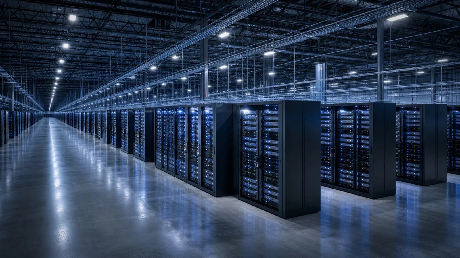 青白く光るGPUサーバーが並ぶ巨大データセンターのイメージ