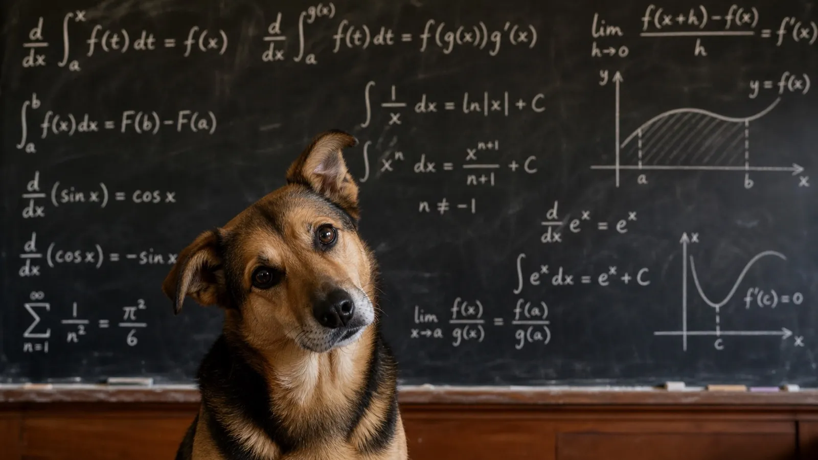 黒板の微積分の数式を見上げて首をかしげる犬（認知構造に閉じた問題のイメージ）