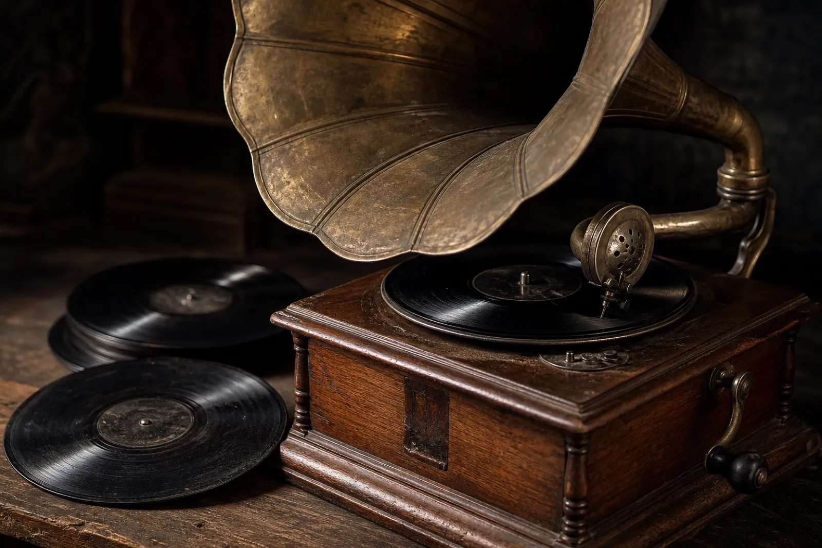 ヴィンテージの蓄音機と黒いレコード盤