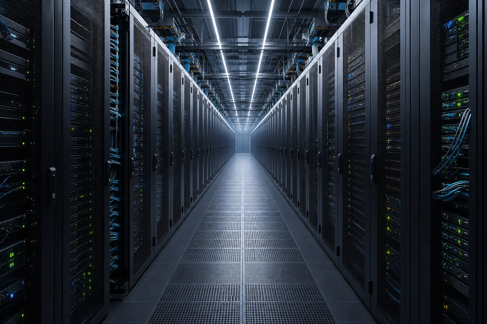 サーバーラックが整然と並ぶ大規模データセンターの通路