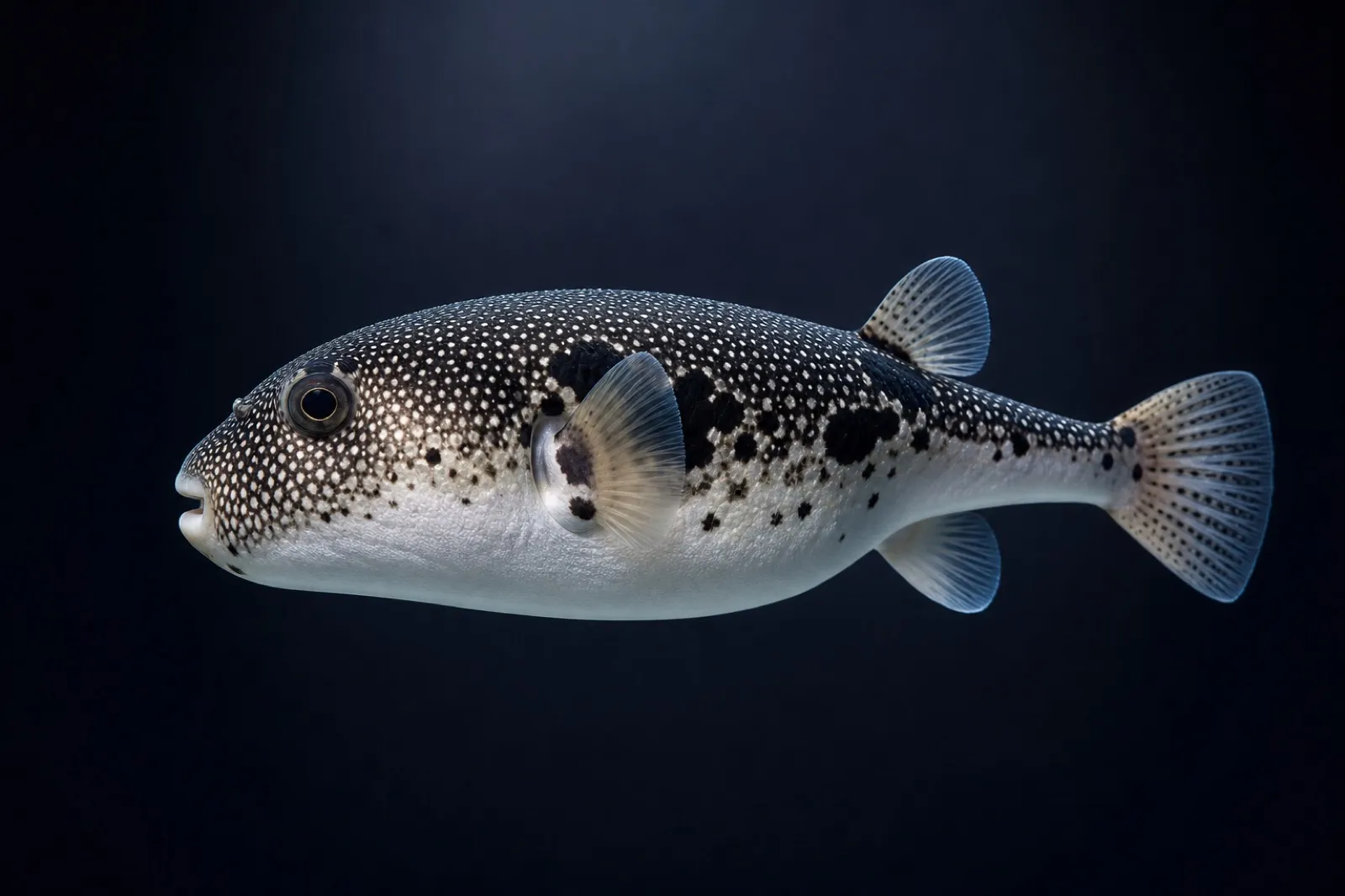 ヒーローカット風に照らされた一匹のフグ（Sakana Fugu の象徴）