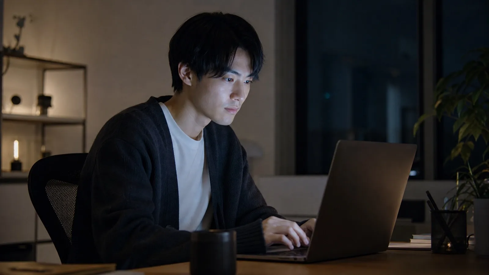 深夜の自室で一人ノートPCに向かいコードを書く若い起業家（イメージ）