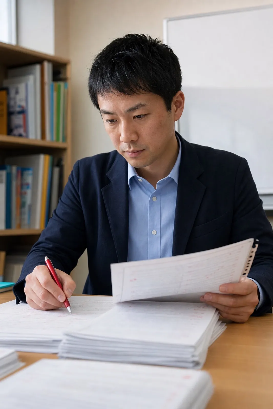 赤ペンで答案を採点する予備校講師（採点基準は東大ではなく外部の予備校がにぎる、という記事の主題のイメージ）