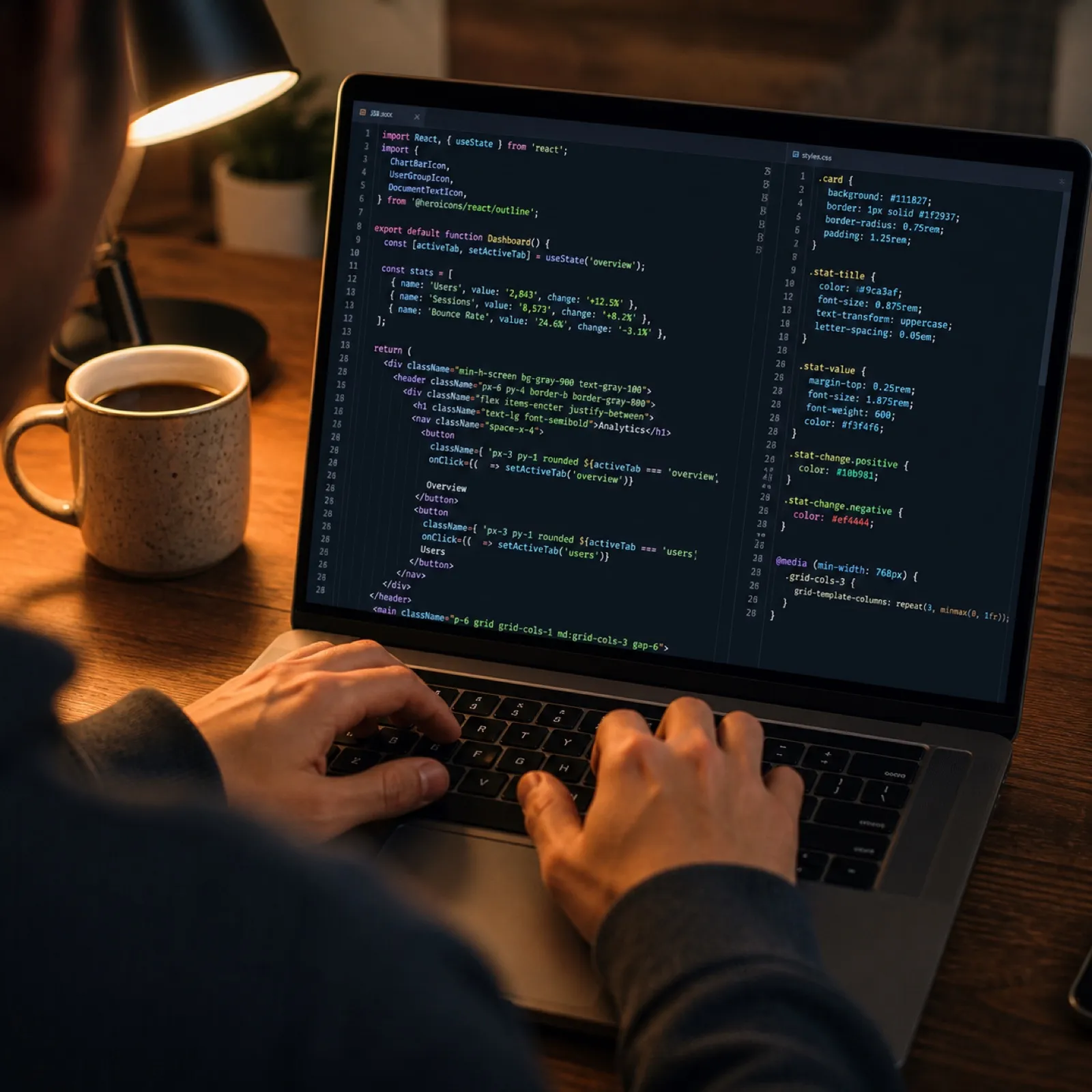 React/CSSのコードエディタ画面とキーボードを打つ手元