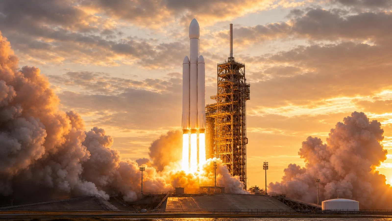 夜明けの空へ火と煙を噴き上げて打ち上がる大型ロケット（SpaceXのイメージ）
