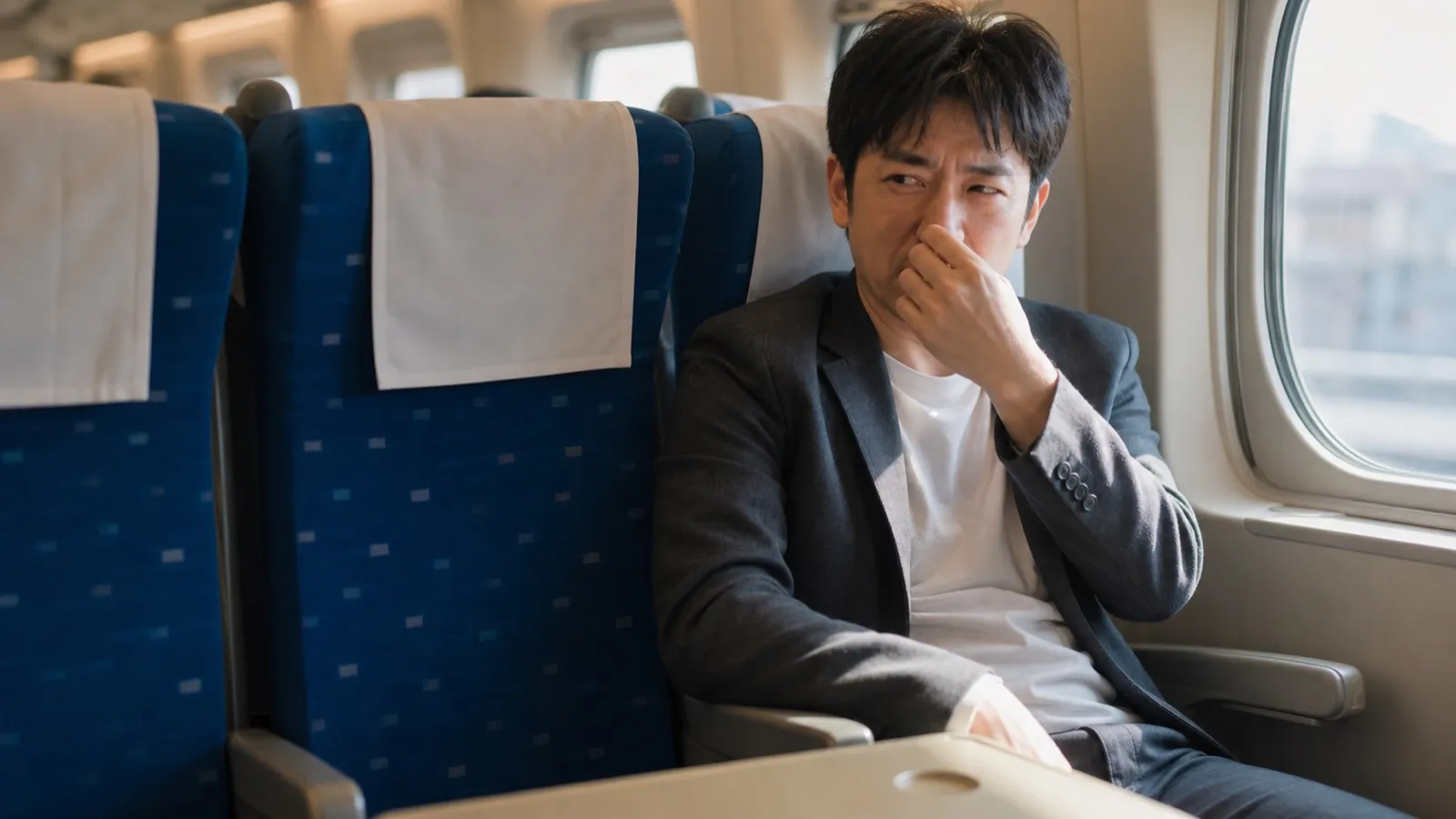 新幹線の車内で、隣の席の強い香水に思わず顔をそむける男性