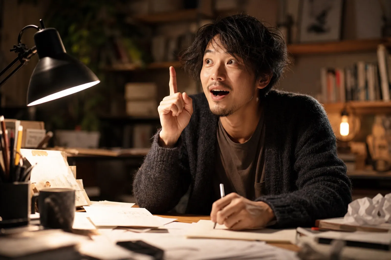 閃いた瞬間の人物（遠回りから生まれる発想のイメージ）