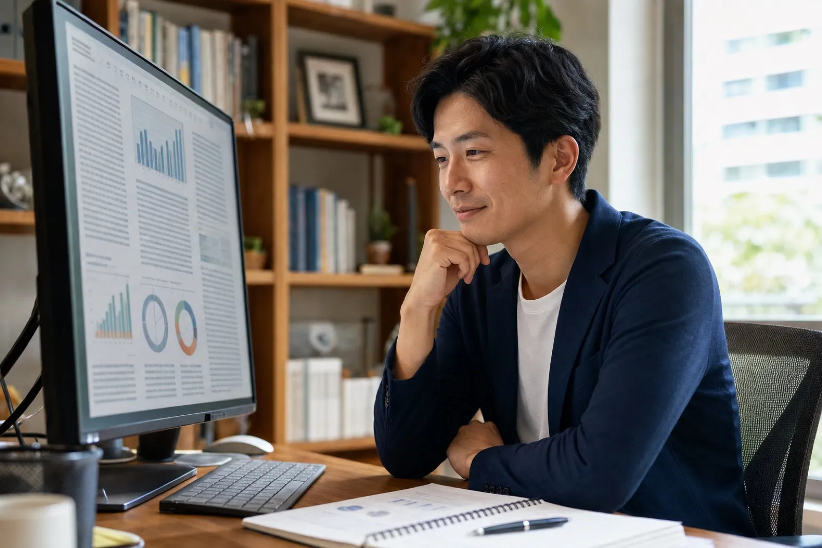 画面に表示された立派なリサーチ結果を読むプロフェッショナル