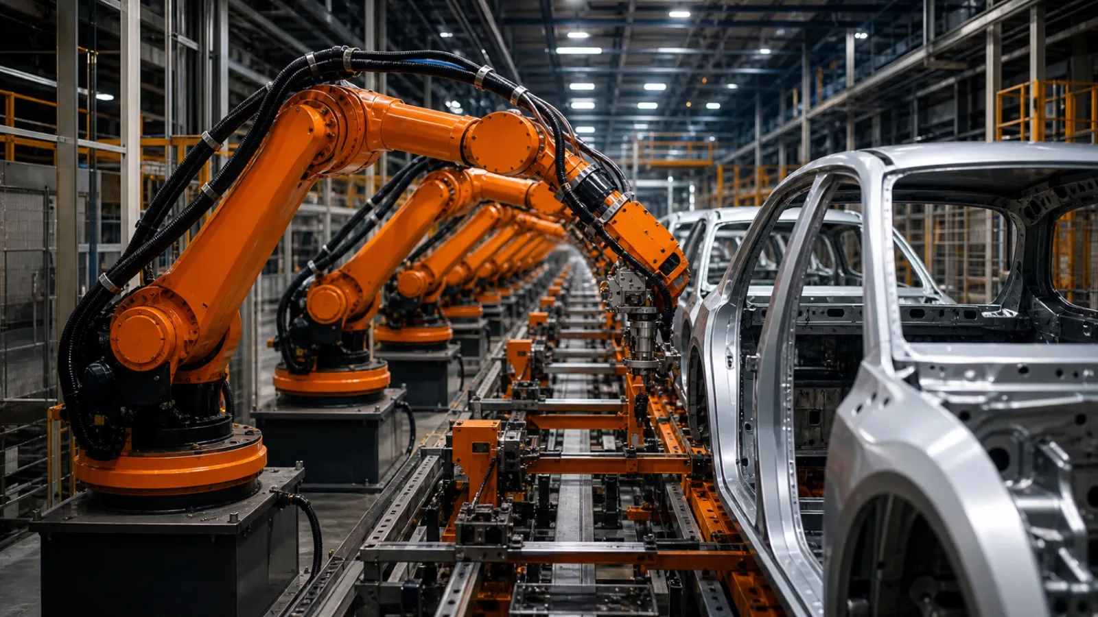 日本の自動車工場で整列して働くオレンジ色の産業用ロボットアーム