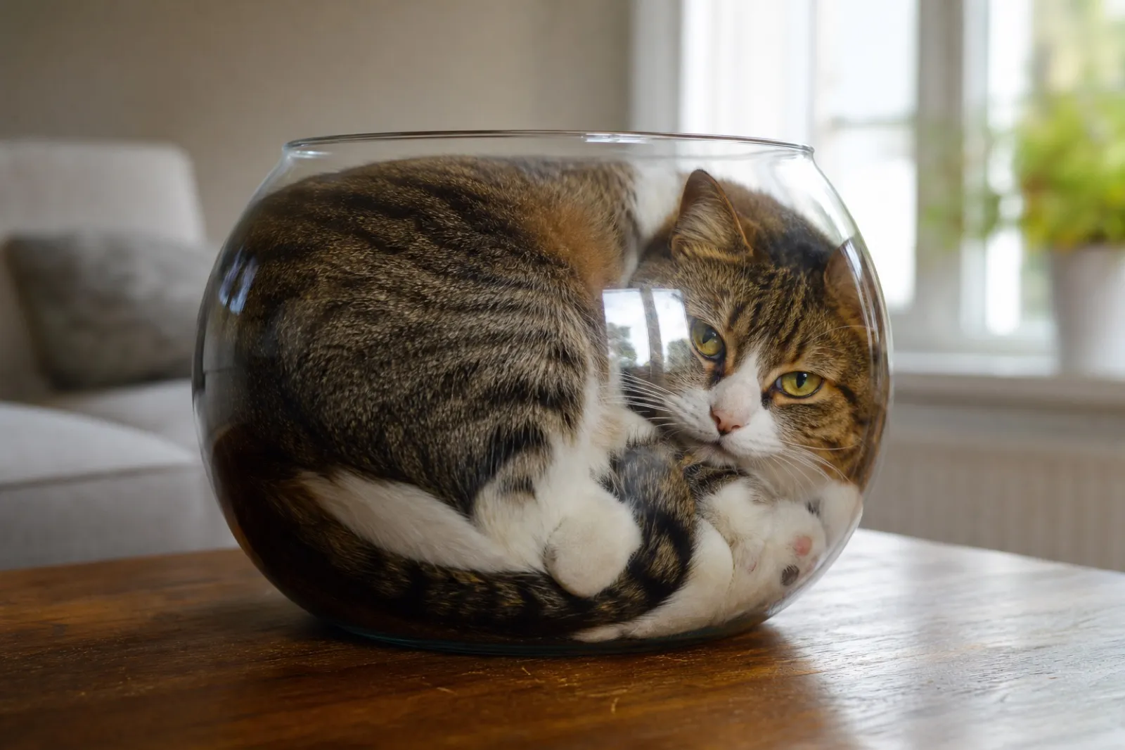 ガラス鉢に液体のように収まった猫の写真