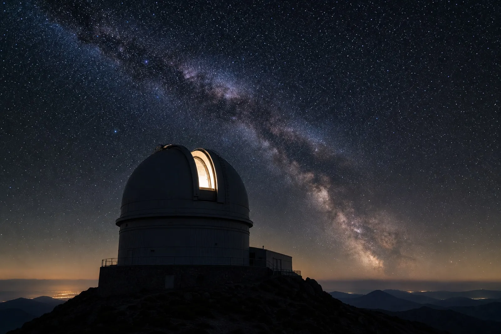 満天の星空(天の川)の下にたたずむ天文台