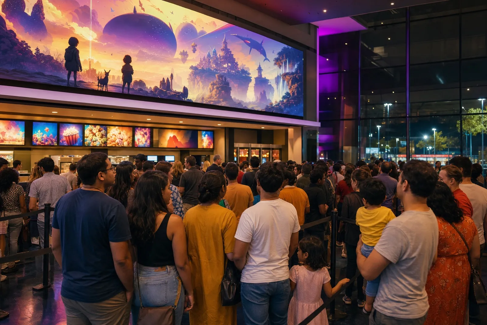海外の映画館で日本のアニメ映画を待つ観客（円建ての実需になり得る日本コンテンツ人気のイメージ）