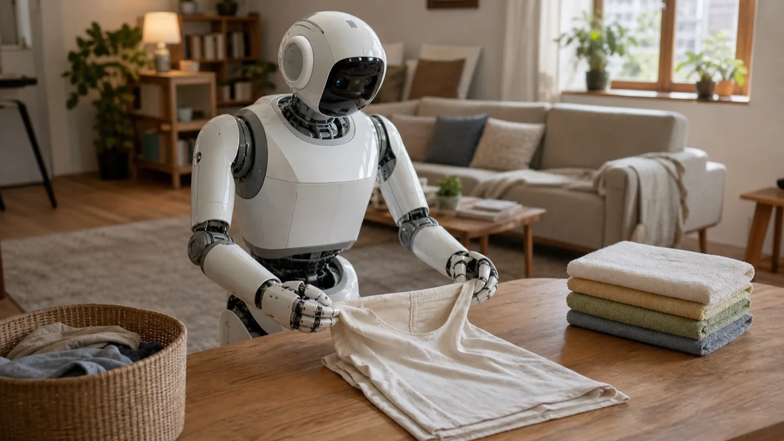 家庭で洗濯物をたたむヒューマノイド家事ロボット（フィジカルAIが労働を担う未来のイメージ）