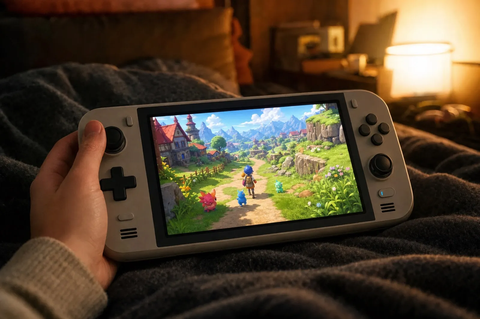 携帯ゲーム機に映るモンスター収集RPGの世界（AIが手こずったゲームのイメージ）