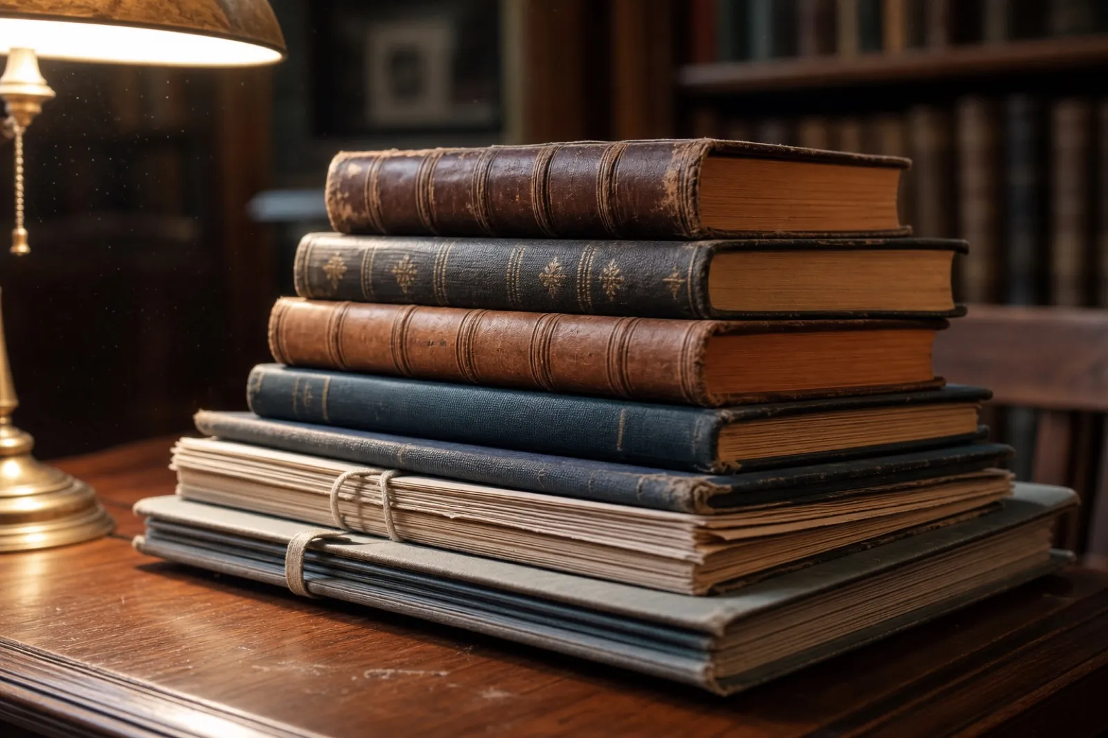 図書館の机に積まれた古い専門書とレポートの束