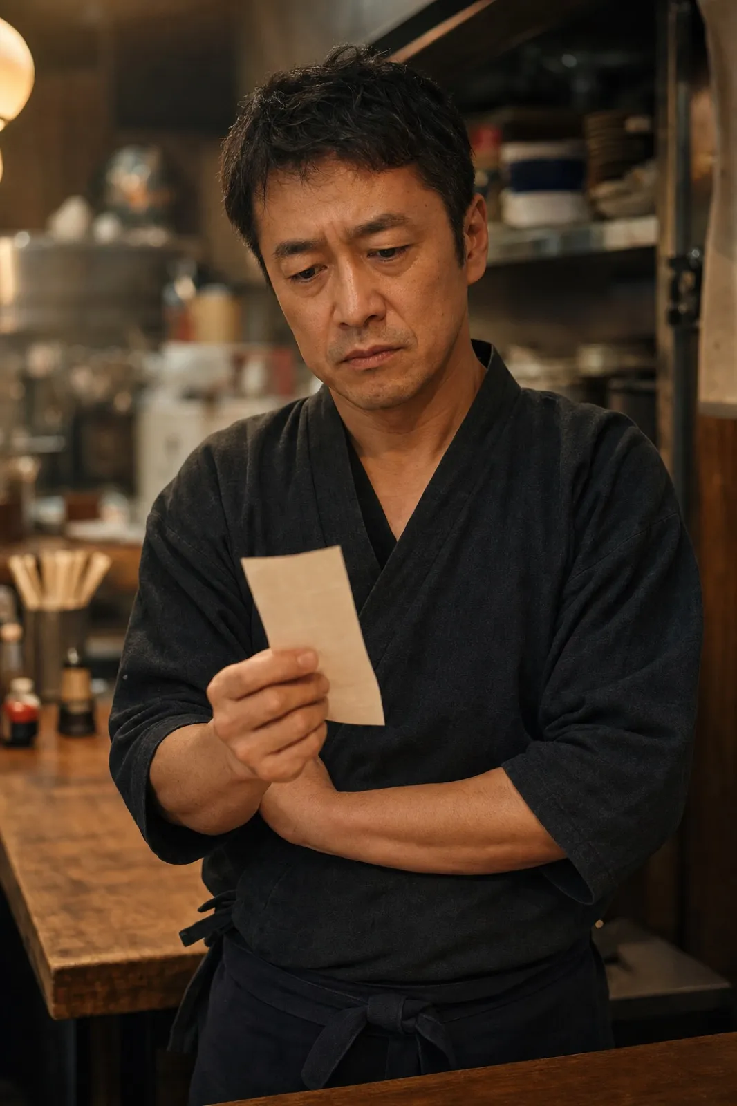 カウンターの内側で伝票を見つめる小さな飲食店の店主（利益率3%と手数料負担のイメージ）