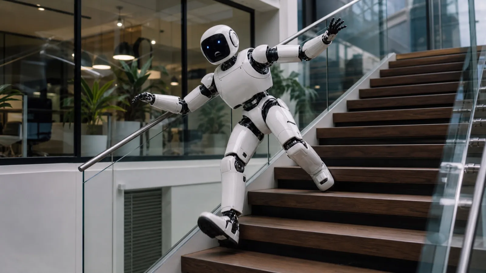 階段で踏み外して倒れかけるヒューマノイドロボット（クラウドとの往復では反射が間に合わない例）