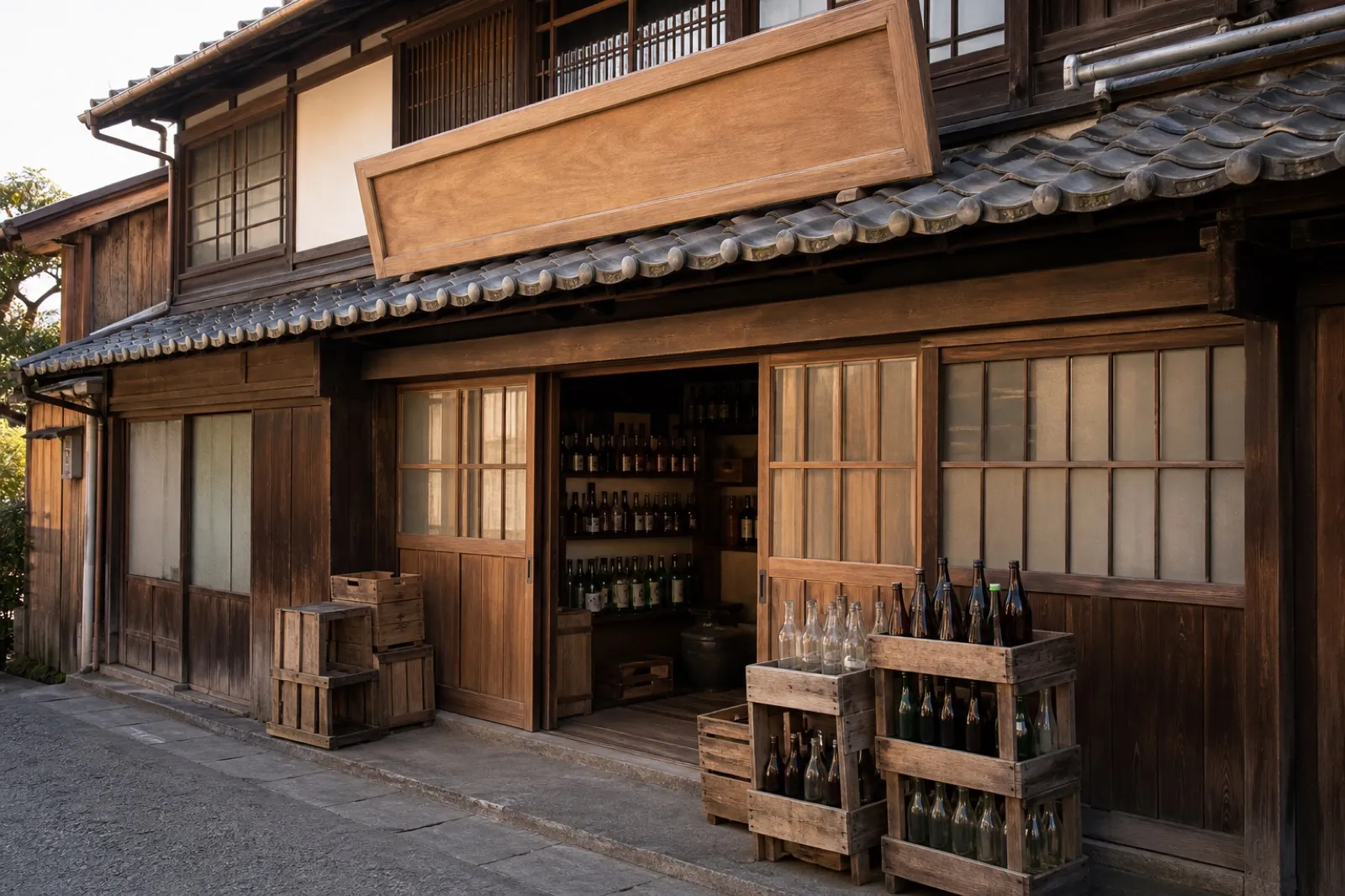 昭和の酒屋の店先、積まれた瓶ケースと開いた引き戸