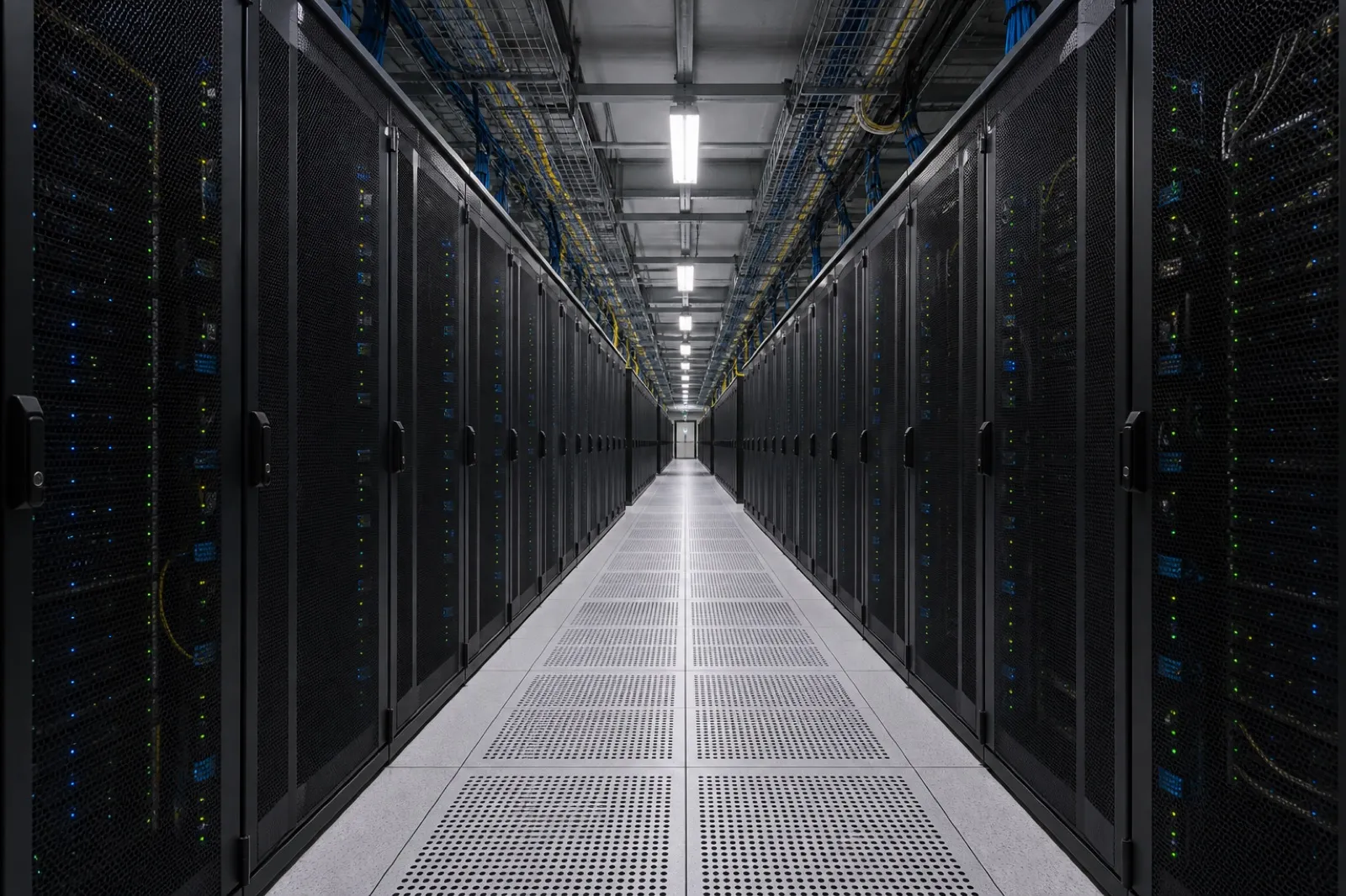 奥行きのあるデータセンター通路のラック列