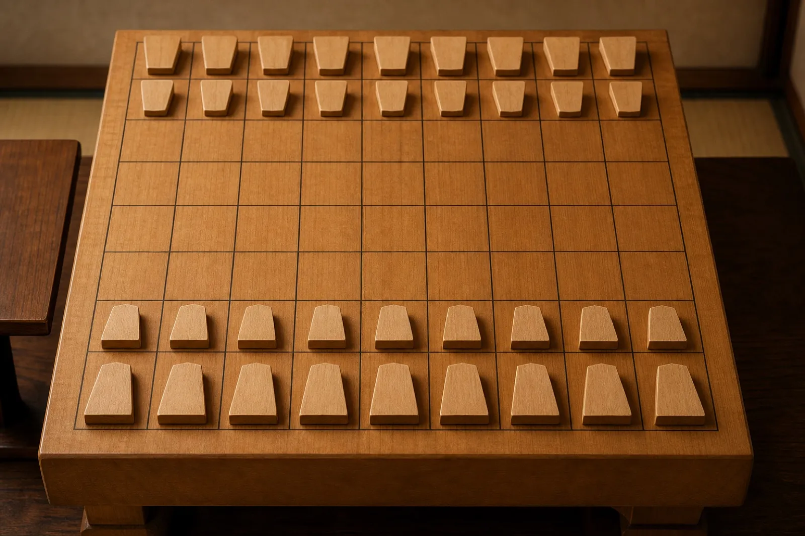 駒がすべて並べられた将棋盤（閉じた系＝完全情報ゲームのイメージ）