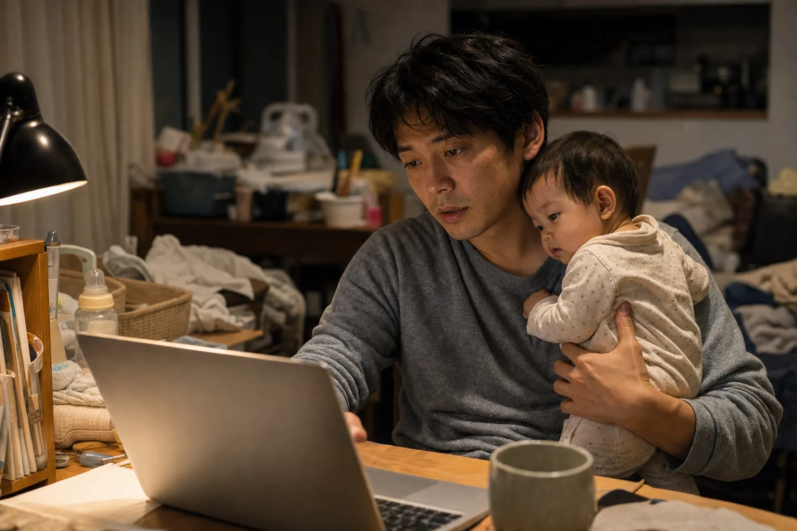 赤ん坊を抱えながらノートパソコンに向かう父親(可処分時間の乏しさのイメージ)