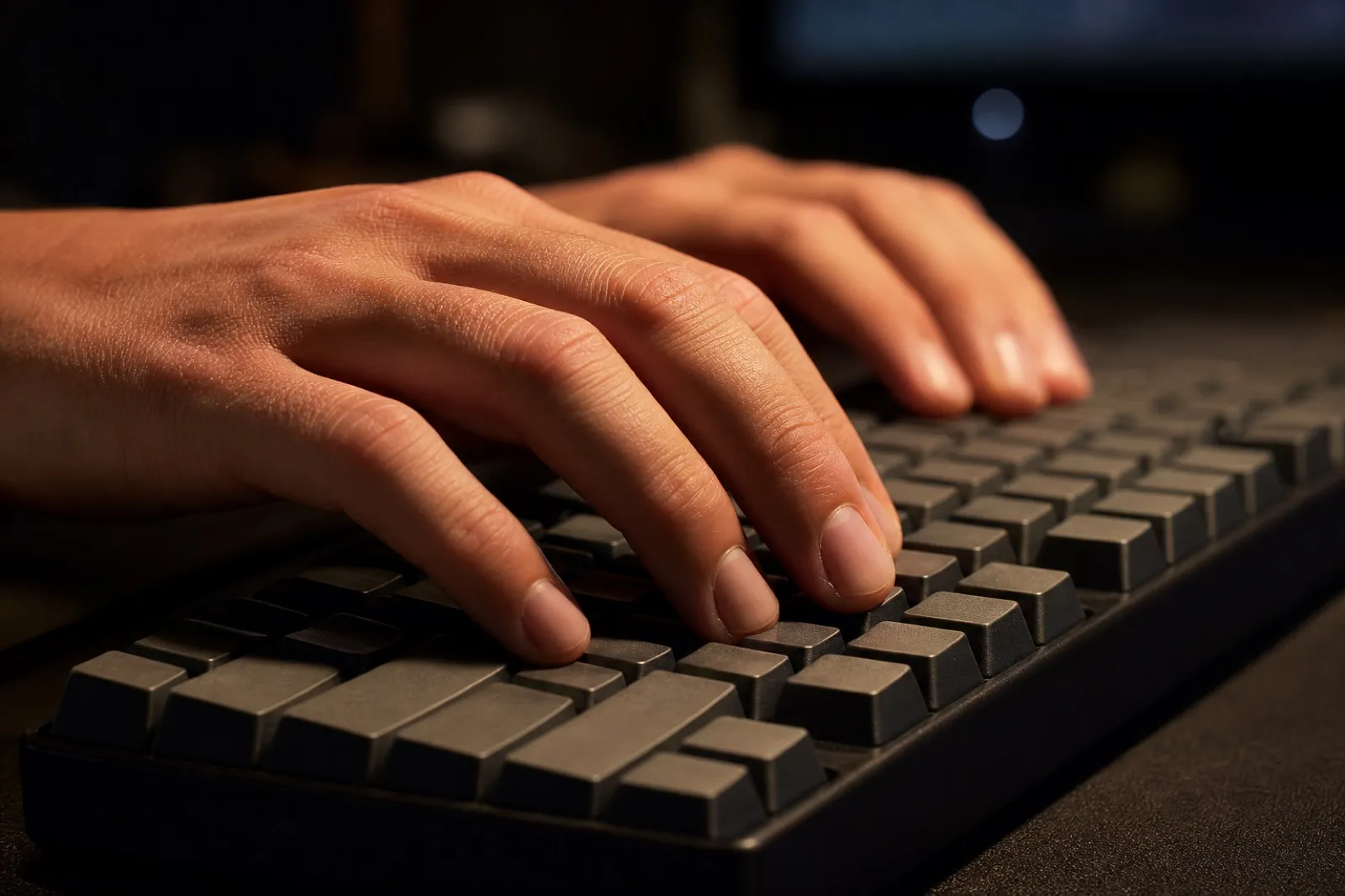 夜のデスクライトの下でキーボードを打つ手のクローズアップ