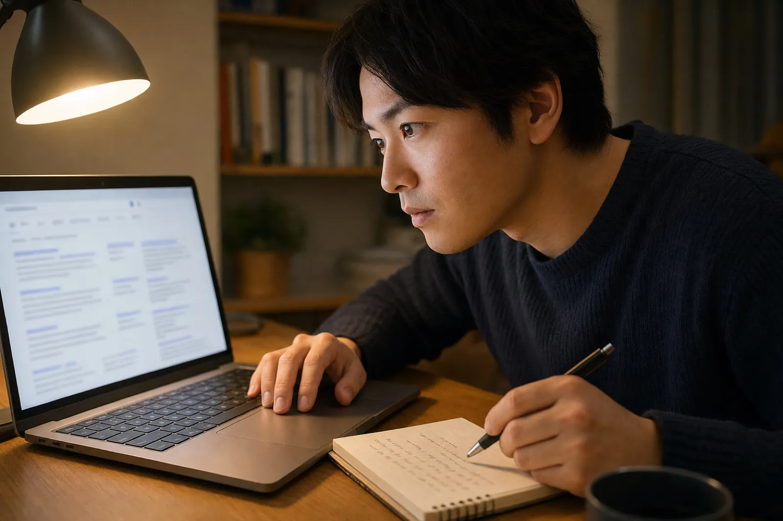ノートPCで、残った少数の事実を一つずつ確認する人